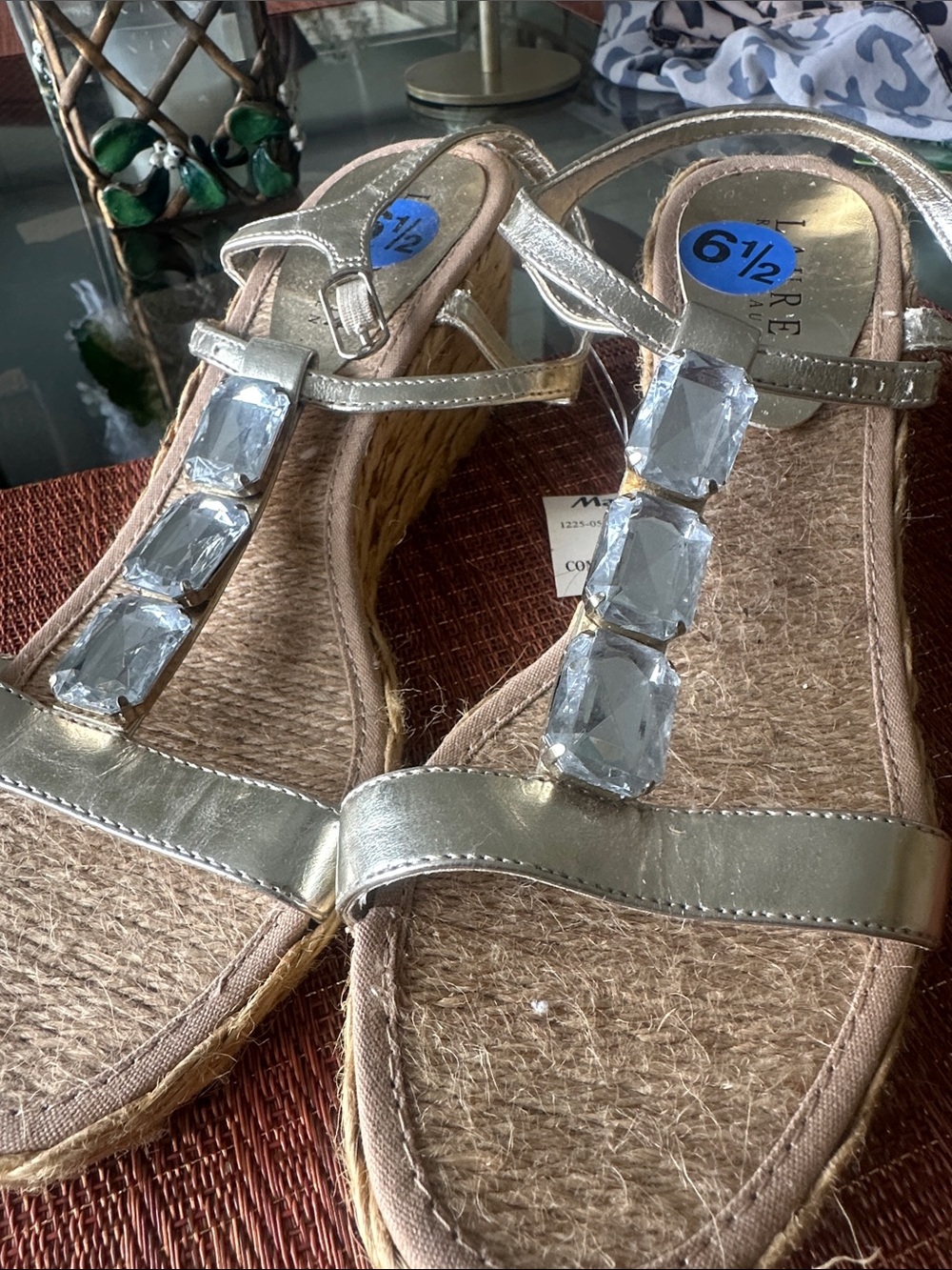Ralph Lauren Metallic Silver Wedge Sandals with Clear Gem T-Strap